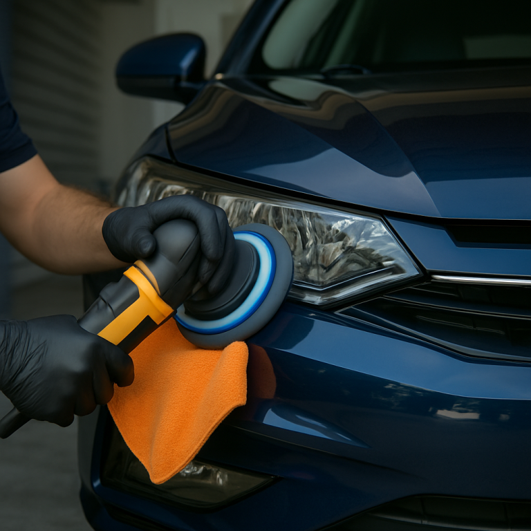 Auto detailing professional polishing a white fleet van with branded uniform and towel