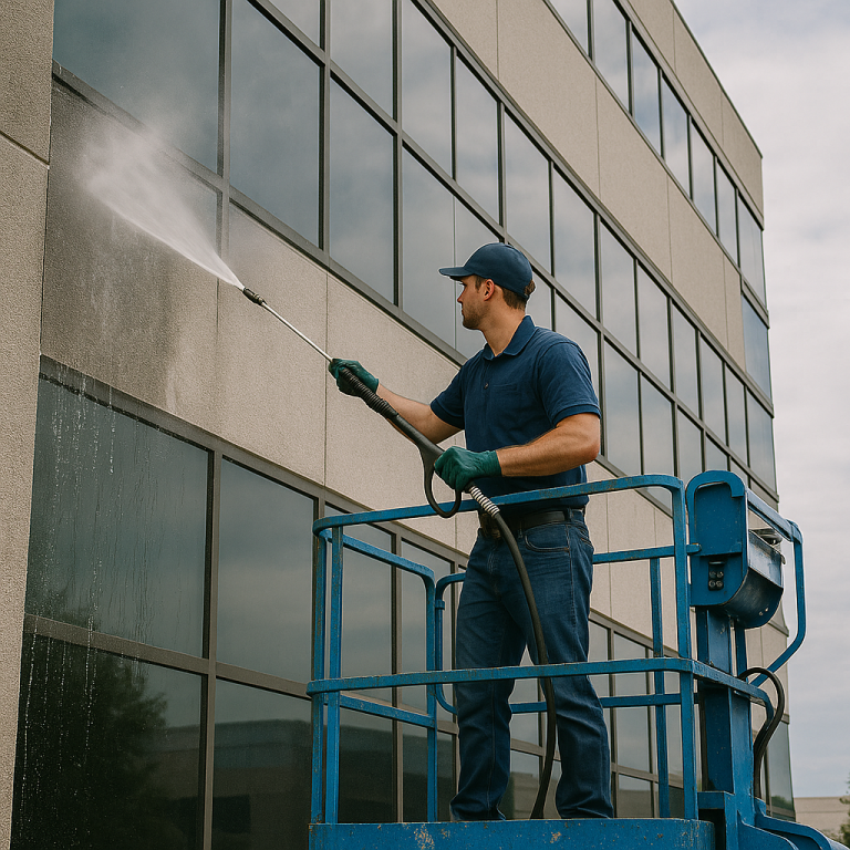 Commercial cleaner in safety gear pressure washing a multistory building facade with professional equipment