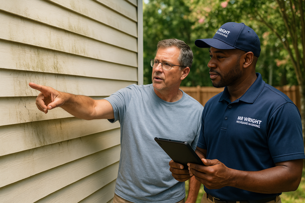 Homeowner points to stained vinyl siding while MR WRIGHT technician in branded uniform reviews notes during a backyard walkthrough in Bloomingdale GA.