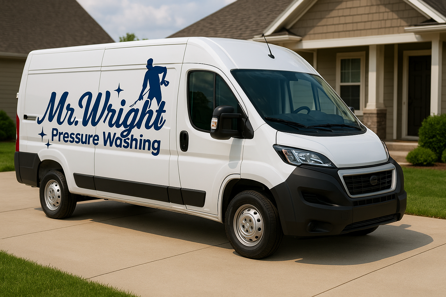 White professional service van parked in a driveway with the Mr. Wright Pressure Washing logo displayed prominently on the side.