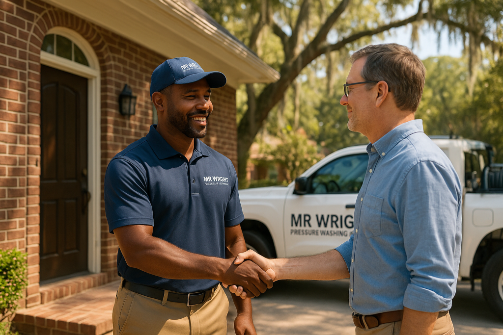Pressure washing technician in branded navy polo and cap shakes hands with a new customer at a Bloomingdale GA home, logoed MR WRIGHT service truck visible in the driveway.