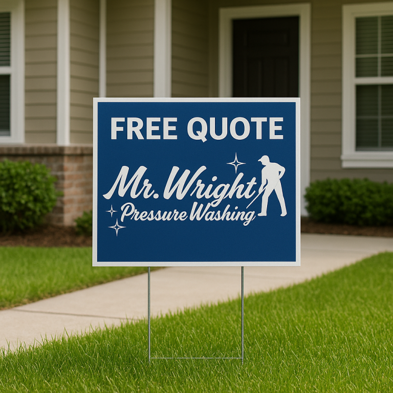 A realistic sign for Mr. Wright Pressure Washing & Detailing, featuring a bold white logo and text on a deep blue background